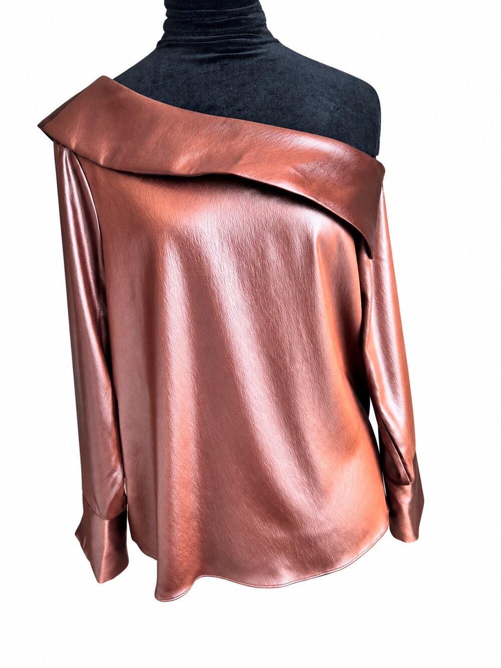 DREW Metallic Burnt Orange Satin Off Shoulder Blouse